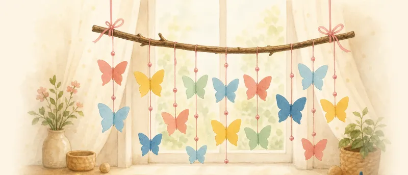 Fertige Schmetterlingsgirlande aus buntem Papier vor einem Fenster – Basteln im Frühling mit Kindern