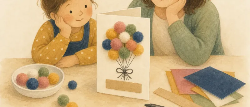 Fertige Geburtstagskarte basteln mit Kindern: Klappkarte mit buntem Luftballonstrauß aus Pompons und gezeichneter Schleife