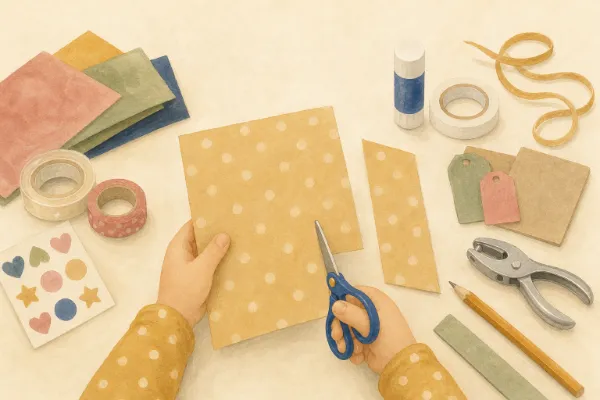Kinderhände schneiden mit einer Schere ein rechteckiges Stück Geschenkpapier für die Geschenktüte zu, daneben liegen Lineal und der abgeschnittene Papierrest