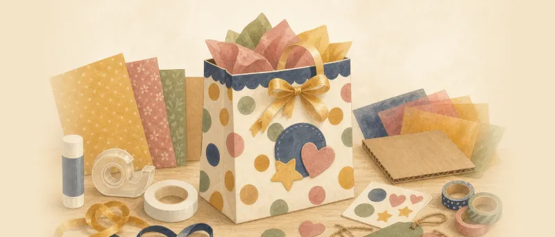 Geschenktüte basteln mit Kindern: fertige bunte Papiertüte mit Schleifenhenkeln und Aufklebern auf einem Holztisch