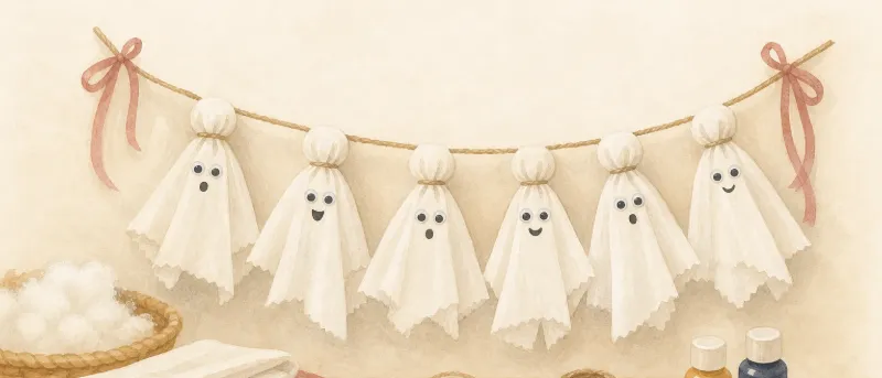 Fertige Gespenster-Girlande aus weißen Stoffresten mit Wackelaugen an einer Schnur – Titelbild zum Halloween basteln mit Kindern