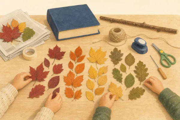 Kinderhände sortieren gesammelte Herbstblätter in verschiedenen Farben auf einem Tisch – erster Schritt beim Herbstbasteln