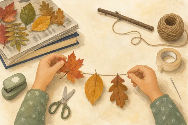 Herbstblätter werden auf eine Schnur gefädelt, Kinderhände halten Blatt und Schnur über dem Tisch