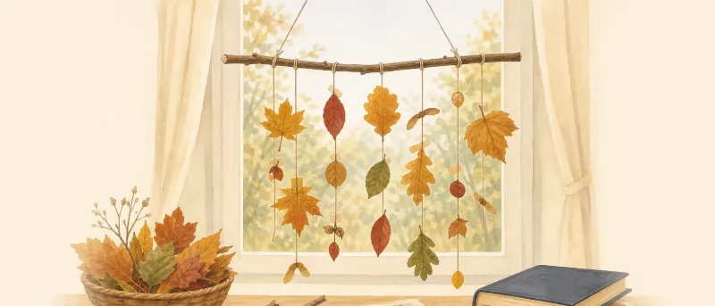 Herbst basteln mit Kindern: fertiges Blätter-Mobile aus gepressten Herbstblättern hängt an einem Ast vor dem Fenster