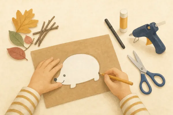 Kinderhände übertragen die Igel-Vorlage mit einem Bleistift auf braunes Tonpapier