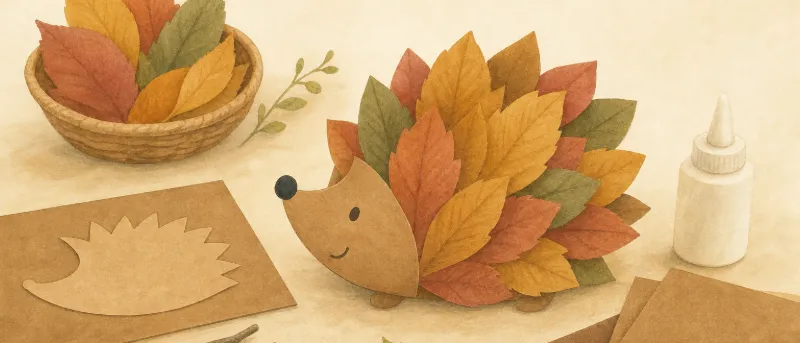 Fertiger Igel aus braunem Tonpapier mit Blätterstacheln – Igel basteln mit Kindern im Herbst