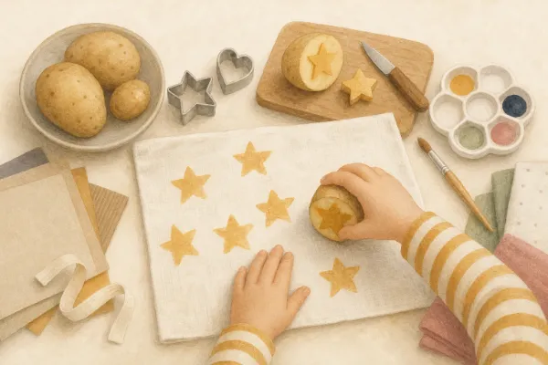 Kinderhände drücken einen Kartoffelstempel mit Sternmotiv auf weißen Baumwollstoff – Kartoffeldruck Schritt für Schritt
