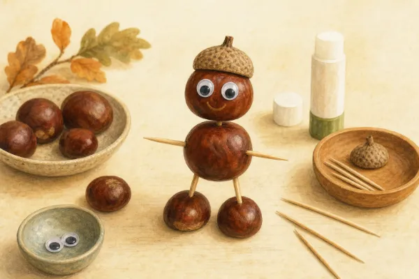 Kastanienmännchen bekommt Wackelaugen und ein Eichelhütchen als Kopfbedeckung