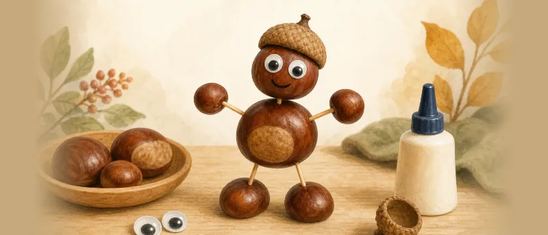 Kastanien basteln mit Kindern: fertige Kastanienmännchen mit Wackelaugen und Eichelhütchen auf einem Holztisch