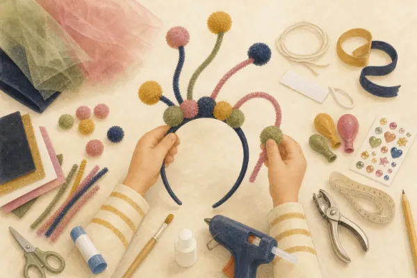 Pompoms und Plüschdraht werden auf einem Haarreif für den Kopfschmuck befestigt