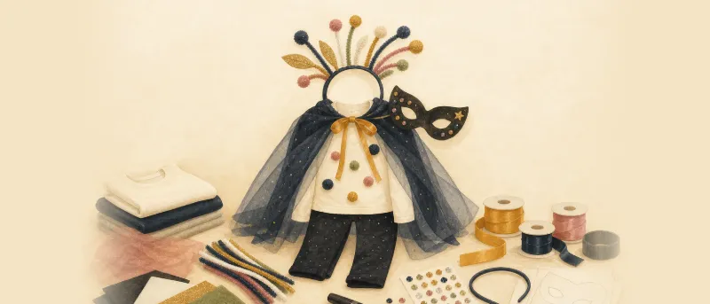 Fertiges Karneval-Kostüm für Kinder mit Umhang, Filzmaske und Kopfschmuck auf einem Basteltisch