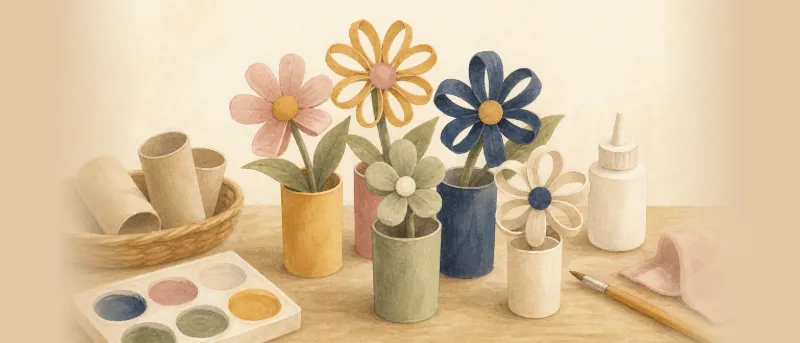 Fertige Papierblumen aus Klopapierrollen in Pastellfarben auf einem Holztisch – Basteln mit Klopapierrollen für Kinder