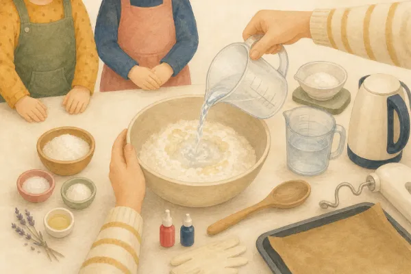 Erwachsenenhände gießen kochendes Wasser aus einem Messbecher in eine Schüssel mit Mehl, Salz und Öl, kleine Kinder stehen mit Abstand daneben – Knete selber machen