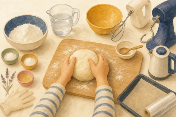 Kinderhände kneten den handwarmen Teig auf einem Holzbrett zu einer geschmeidigen Kugel – Knete selber machen