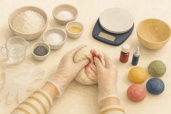 Hände mit Einmalhandschuhen kneten Lebensmittelfarbe in ein Teigstück, daneben liegen bunte Knetportionen – Knete selber machen