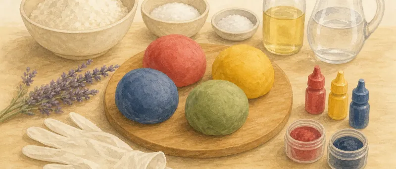 Titelbild: bunte Knetkugeln in Rot, Gelb, Grün und Blau auf einem Holztisch – Knete selber machen mit Kindern
