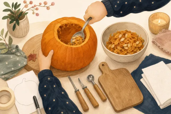 Kinderhände höhlen einen Kürbis mit dem Löffel aus, daneben steht eine Schüssel mit Kernen – Kürbis schnitzen mit Kindern