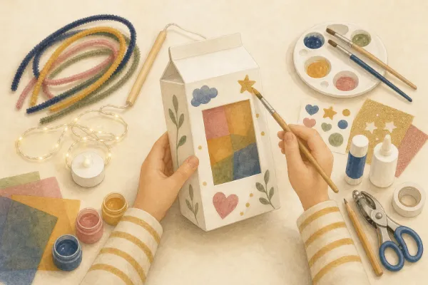 Ein Kind bemalt und beklebt die Kartonlaterne mit Acrylfarbe und Stickern