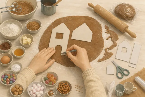 Erwachsenenhände schneiden Haus-Teile für das Lebkuchenhaus mit einem spitzen Messer entlang einer Pappschablone aus dem ausgerollten Teig