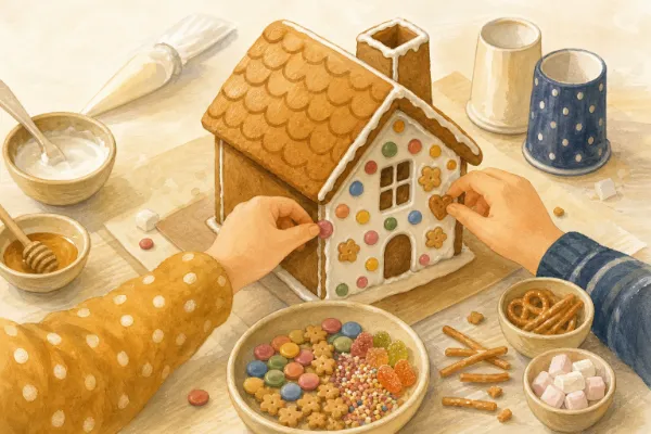 Kinderfinger kleben bunte Schokolinsen mit Zuckerguss auf das Lebkuchenhaus