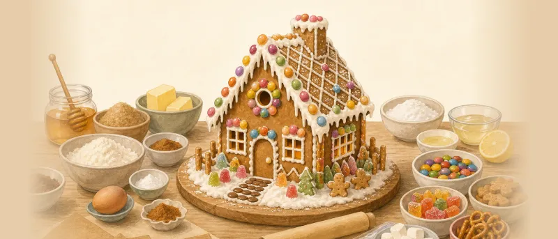 Fertig verziertes Lebkuchenhaus mit Zuckerguss, Schokolinsen und Puderzucker-Schnee auf einem Holztisch