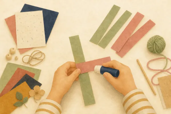 Zwei Papierstreifen werden im rechten Winkel übereinandergeklebt, Kinderhände halten den Klebestift
