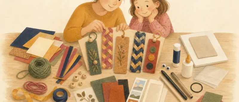Lesezeichen basteln mit Kindern: fertige Buchzeichen aus geflochtenem Papier, Filz und Holzperlen auf einem Holztisch
