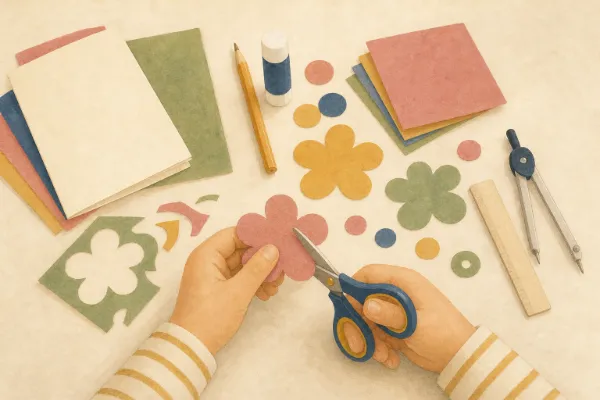 Kinderhände schneiden bunte Papierblüten und kleinere Kreise für eine Muttertagskarte aus