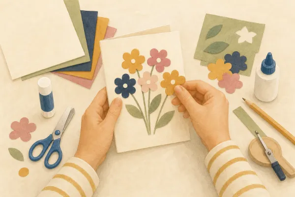 Papierblüten, Stiele und Blätter liegen vor dem Festkleben auf der gefalteten Muttertagskarte