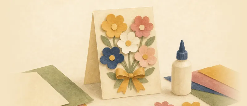 Fertige Klappkarte mit fünf Papierblumen und Schleife auf einem Tisch – Muttertag basteln mit Kindern