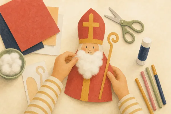 Wattebart und aufgemaltes Gesicht am fertigen Nikolaus aus Tonpapier