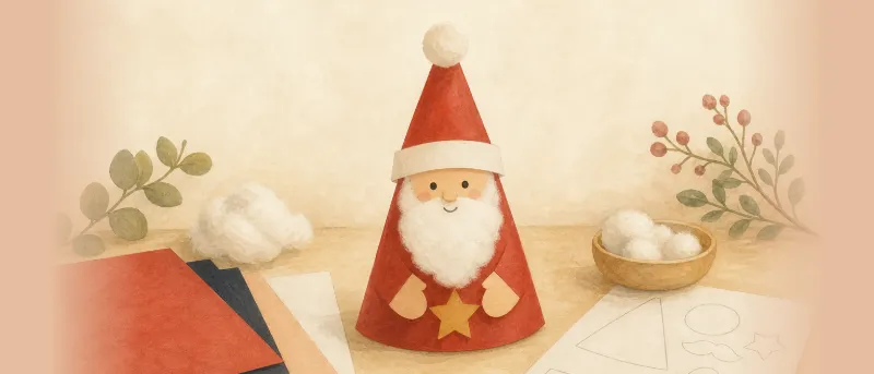 Fertiger Nikolaus aus rotem Tonpapier mit Wattebart auf einem Tisch – Nikolaus basteln mit Kindern