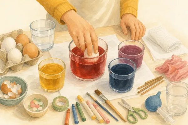 Ein Ei wird in ein Glas mit roter Farblösung getaucht, daneben stehen weitere Farbbecher – Ostereier färben mit Kindern