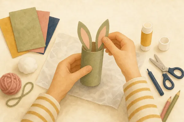 Zwei ausgeschnittene Papierohren werden an der Innenseite einer beklebten Klopapierrolle befestigt – Osterhase basteln