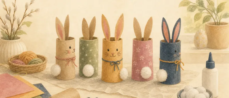 Fertige Osterhasen aus Klopapierrollen mit bemalten Gesichtern und Watte-Schwänzchen auf einer Fensterbank – Osterhase basteln mit Kindern