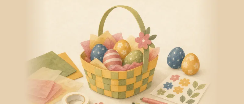 Fertiges Osterkörbchen basteln mit Kindern: geflochtenes Körbchen aus gelben und grünen Tonpapierstreifen mit Henkel, darin bunte Ostereier auf Seidenpapier