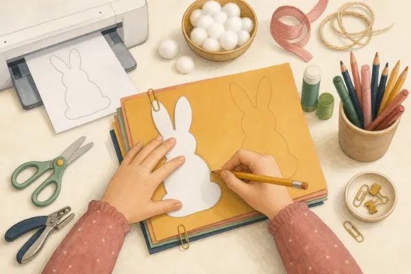Kinderhände zeichnen die Hasen-Vorlage mit dem Bleistift auf buntem Tonpapier nach
