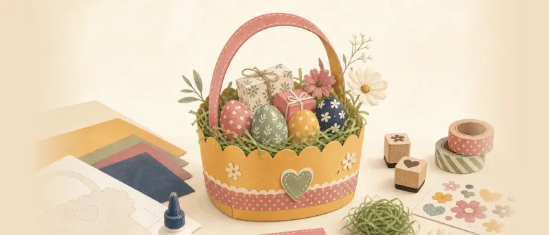 Fertiges Osternest aus buntem Fotokarton mit Ostergras, gefärbten Eiern und kleinen Geschenken