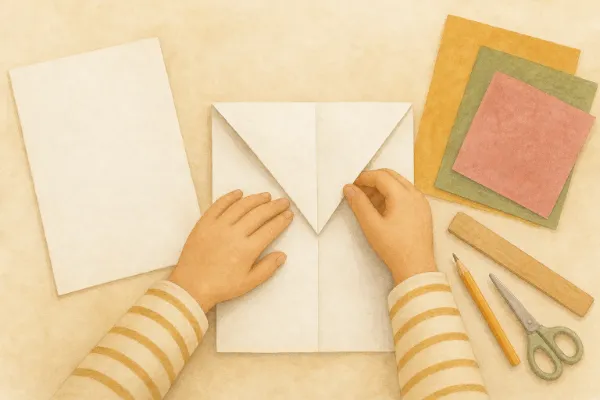Kinderhände falten die obere Spitze eines Papierfliegers auf die Mittellinie – Schritt 3 der Papierflieger-Anleitung