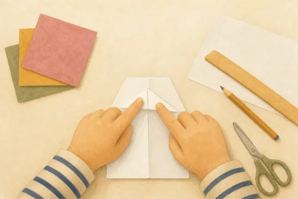 Kinderfinger klappen das kleine Dreieck an der Mittelfaltung eines Papierfliegers nach oben – Schritt 5 der Papierflieger-Anleitung