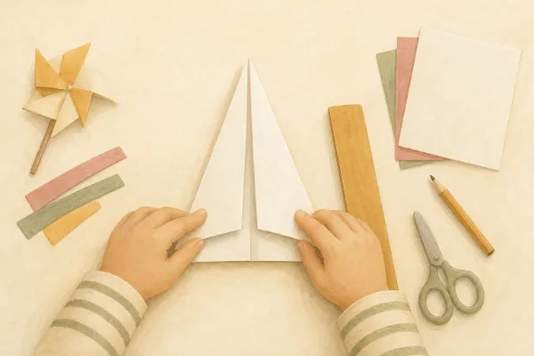 Hände legen die Flügel eines Papierfliegers längs an die untere Kante an, daneben liegt ein Lineal als Falthilfe – Schritt 6 der Papierflieger-Anleitung