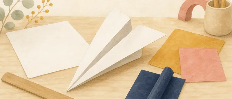 Fertig gefalteter Papierflieger aus weißem A4-Papier auf hellem Holztisch, daneben ein Blatt Papier und ein Lineal – Titelbild der Papierflieger-Anleitung