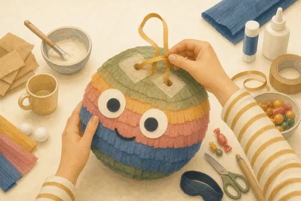 Oberseite der Pinata mit zwei verstärkten Löchern, durch die ein Schleifenband gefädelt wird