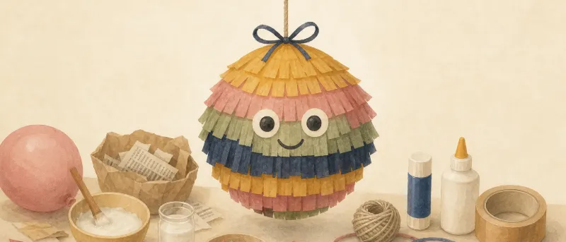 Fertige bunte Pinata mit Papierfransen hängt an einem Seil – Pinata basteln mit Kindern