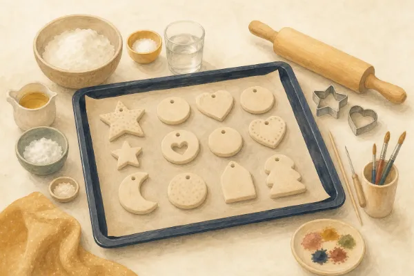 Geformte Salzteig-Anhänger liegen auf einem Backblech mit Backpapier und trocknen