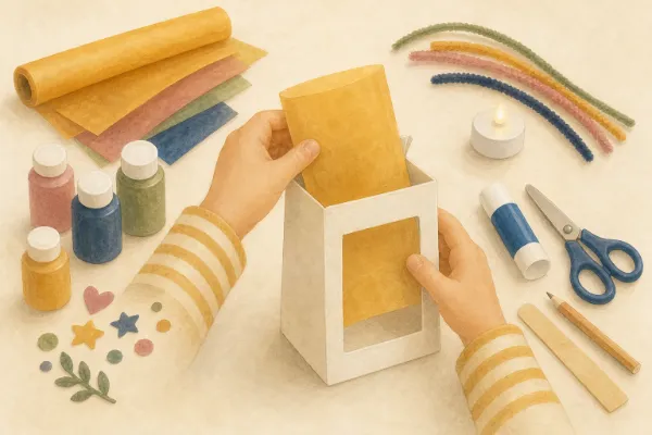 Gerolltes Transparentpapier wird in eine Kartonlaterne geschoben – St. Martin basteln mit Kindern