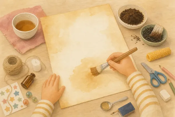 Kinderhand trägt mit dem Pinsel abgekühlten Tee auf einen großen Bogen Papier auf, daneben Kaffeesatz