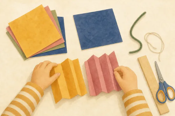 Kinderhände falten zwei bunte Papierquadrate auf einem Tisch wie eine Ziehharmonika