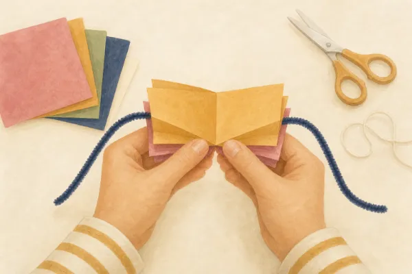Gefaltete Papierflügel werden zwischen die Enden eines Pfeifenreinigers geschoben