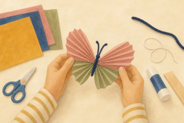 Fertiger Papierschmetterling mit ausgebreiteten Flügeln neben einem dünnen Faden